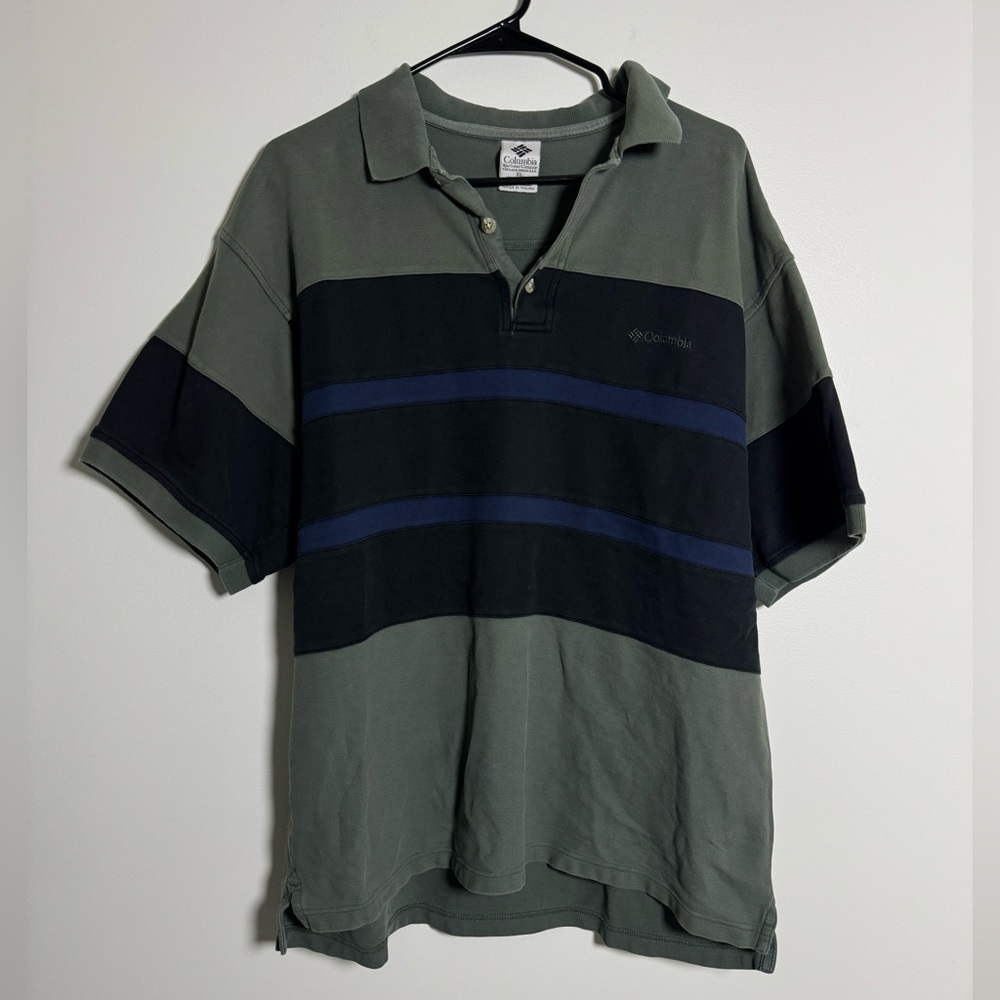 Columbia Polo Shirt XL Green Navy Stripe Short Sleeve Casual